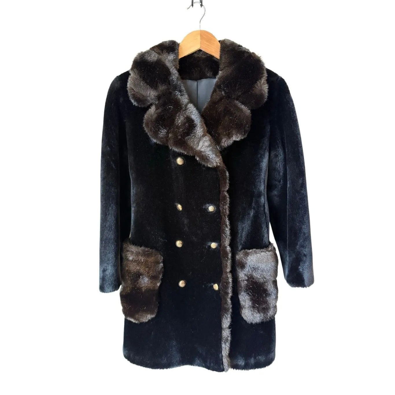 Vintage 60’s Borgana By Fairmoor Faux Fur Double Breasted Mid Length Coat Black Size M - Image 2