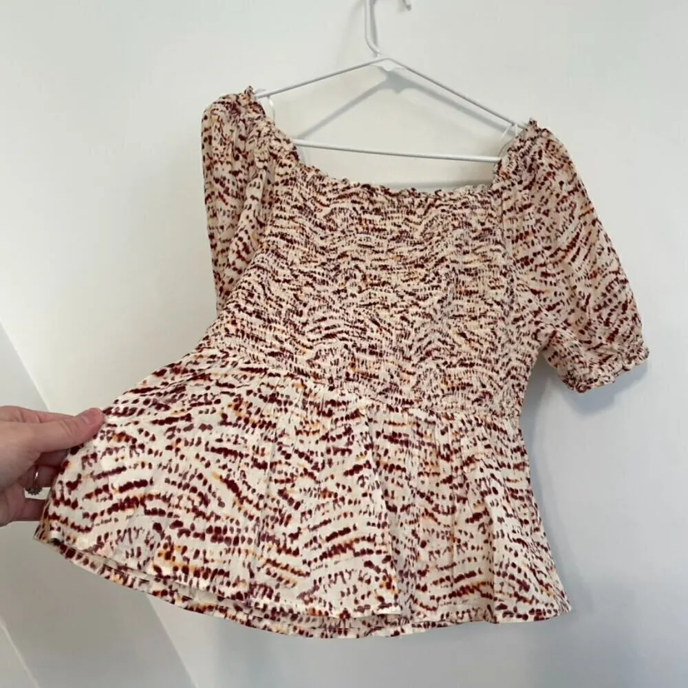 NEW NWT OLD NAVY Smocked Bodice Tie Dye Top Cream Beige Burgundy Short Sleeve M - Image 15