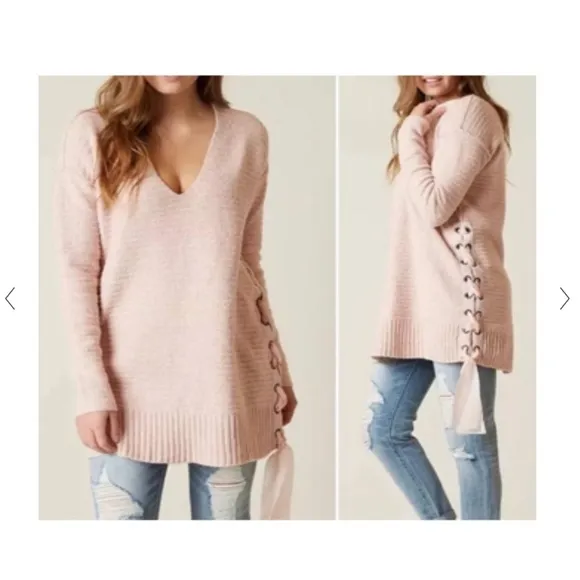 Gray V Neck Side Tie Sweater Tunic Dress Oversized - Image 2