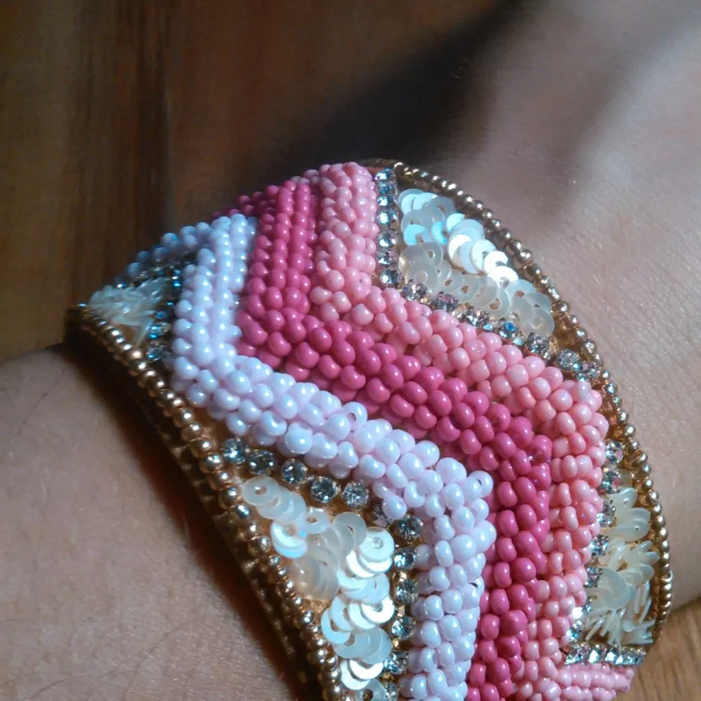 Handcrafted Pink Seed Bead, White Crystal, and Sequin Cuff Bracelet - Image 7