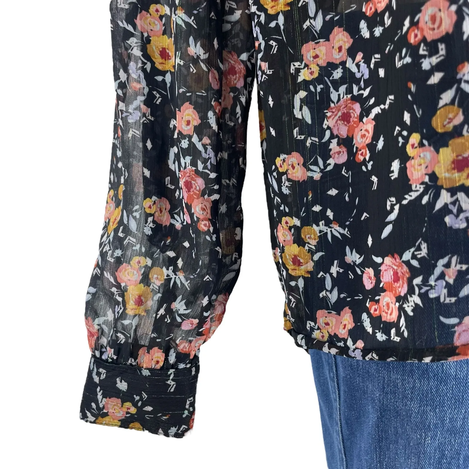 Xhilaration Floral Lace Up Sheer Top Blouse Black Size XS - Image 6