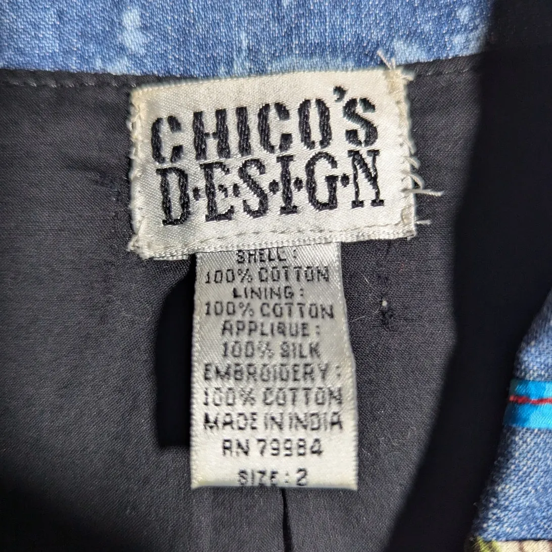 Vtg 1990s Chico's Design Blue Denim Silk Colorful Patchwork Button Up Jacket 2 L Size L - Image 3
