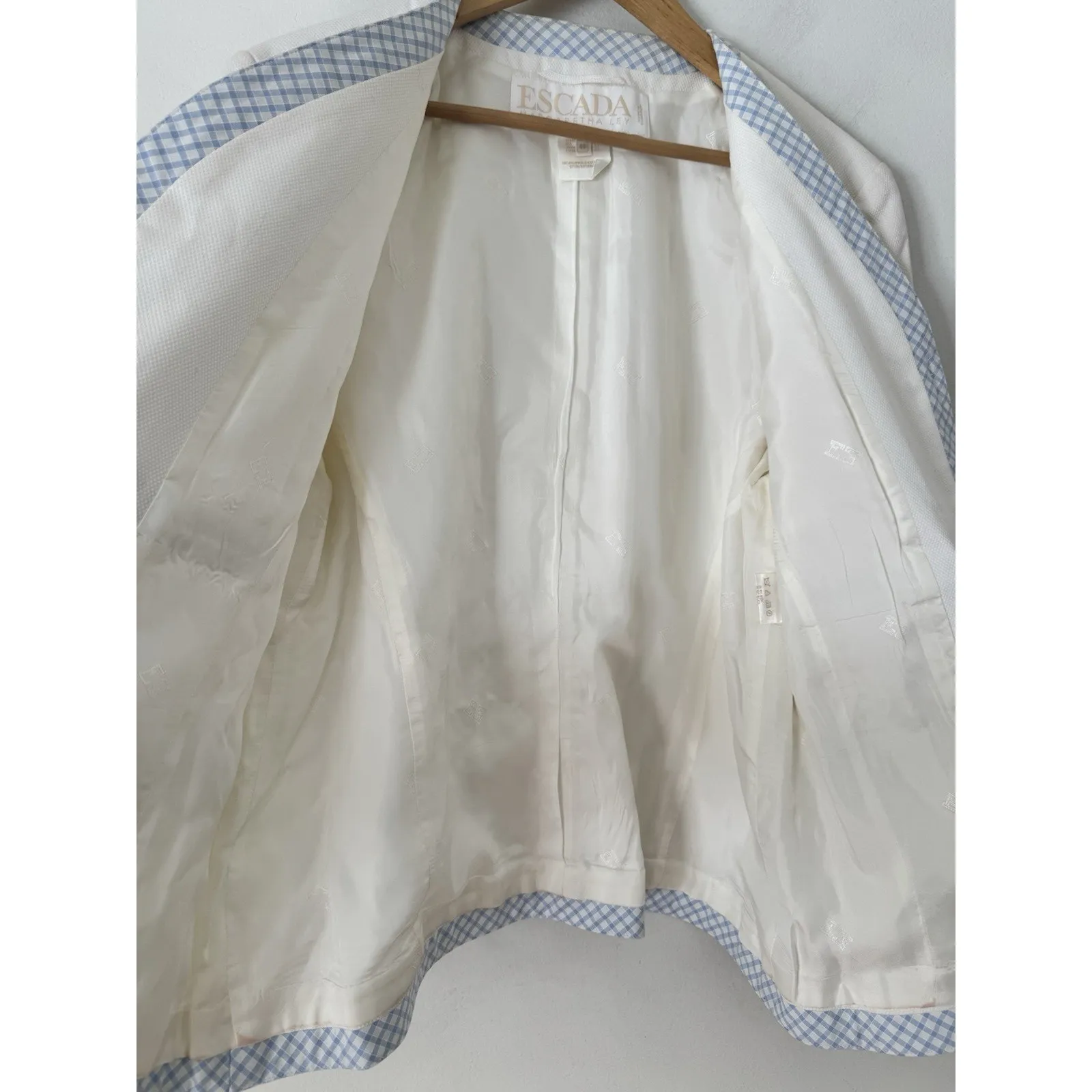 Escada White Textured Cotton Gingham Trim Button Front Blazer Women’s Large / 42 - Image 5