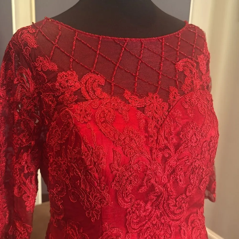 Women’s Red Tea Length Lace Appliqué Dress & Matching Chiffon Jacket Size 16 - Image 8
