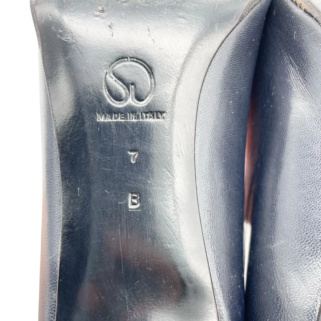 St. John Navy Leather Pumps Size 7 Gold Trim Cap Toe Classic Mid Heel Italy VTG - Image 14