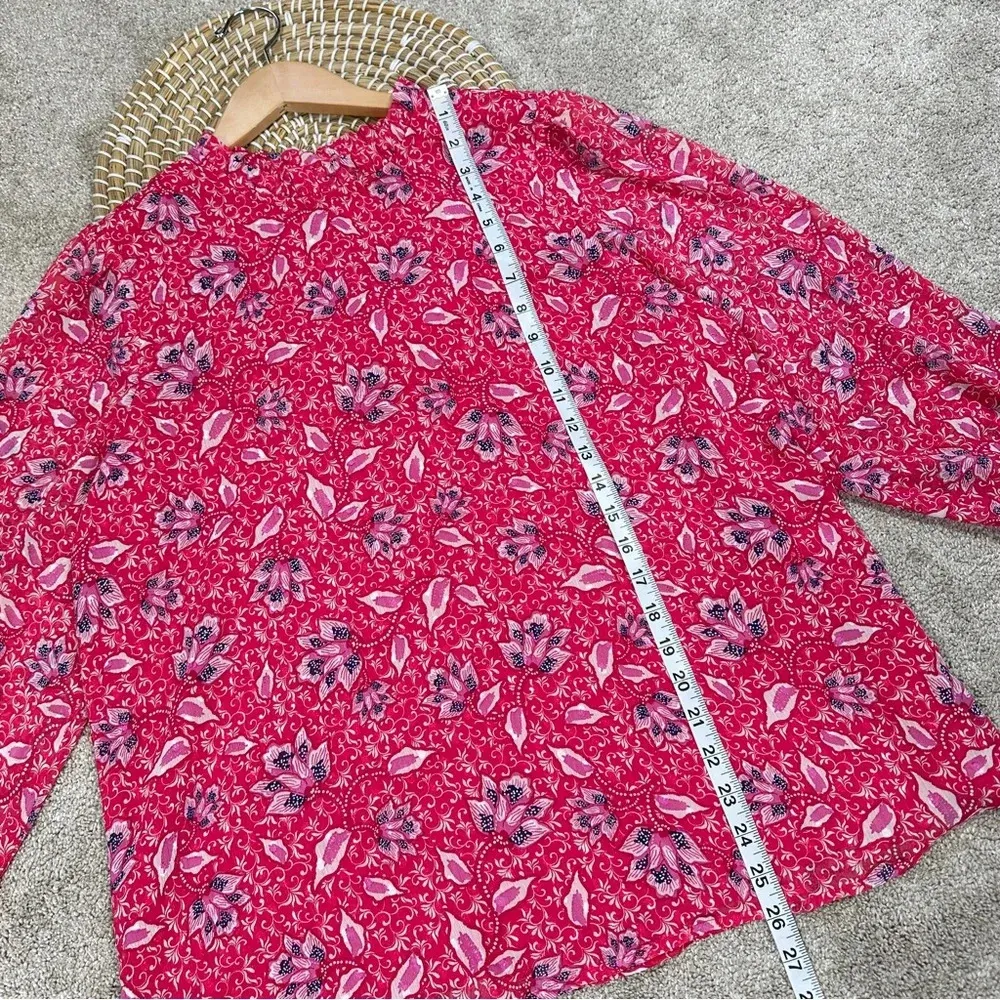 Joie Longsleeve Smocked Cuff Ruffle Neck Blouse Top Lined Floral Pink Size L - Image 13