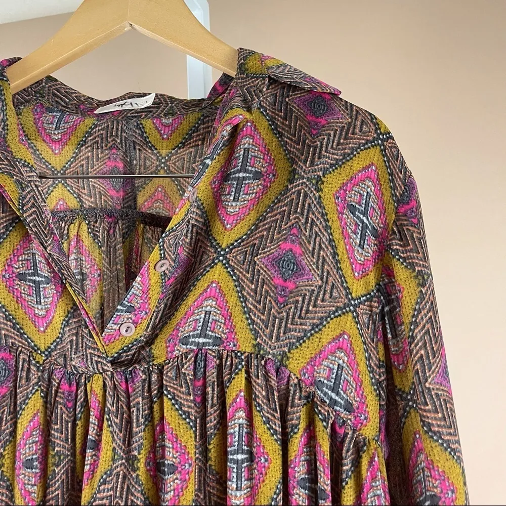 Hazel Large Boho Aztec Flowy Loose Dress Pleat V Neck Swim Cover Vacation Summer Brown - Image 9