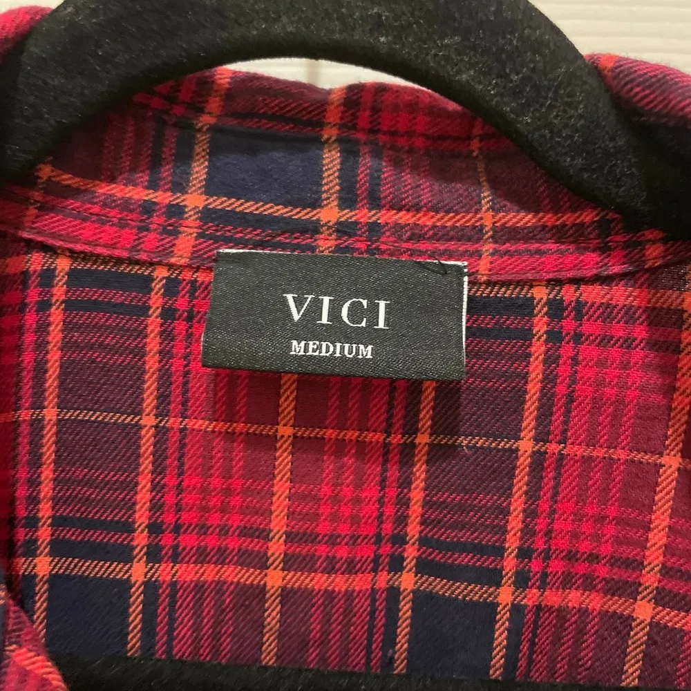 Vici Red & Pink Plaid Long Sleeve Button Down Top Medium - Image 3