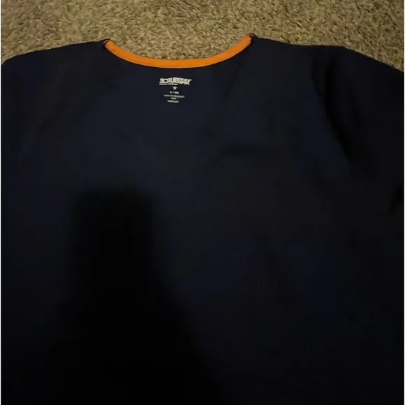 SCRUBSTAR Women Scrub Top Navy Blue With Orange Trim Around Neck And 2 Pockets - Image 2