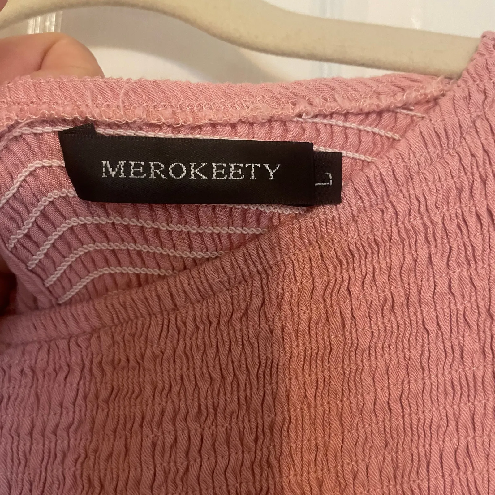 MEROKEETY FLUTTER SLEEVE V NECK SMOCKED TIERED MIDI DRESS SIZE L - Image 4