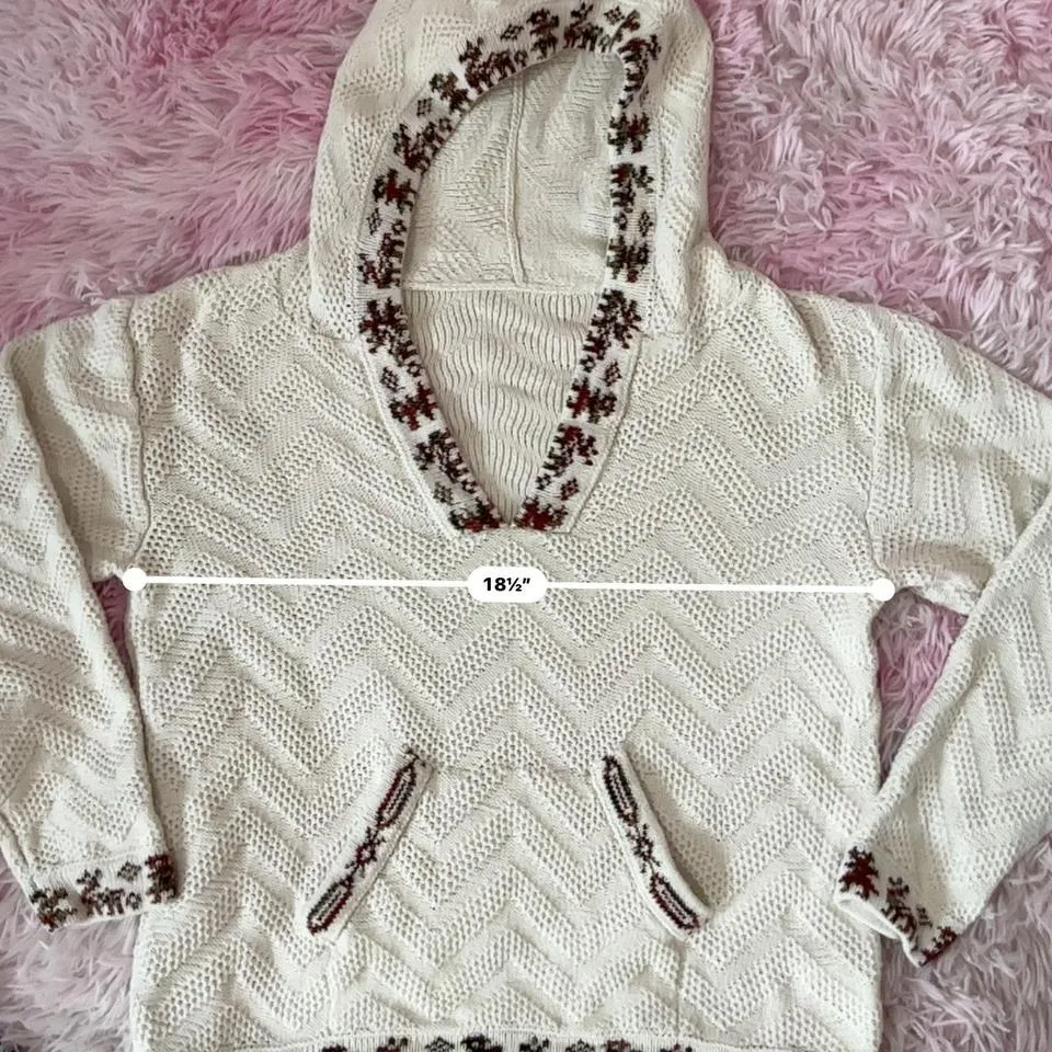 Unique Vintage Hooded V Neck Pullover Sweater Embroidered Boho Chic Chevron Knit Top - Image 3
