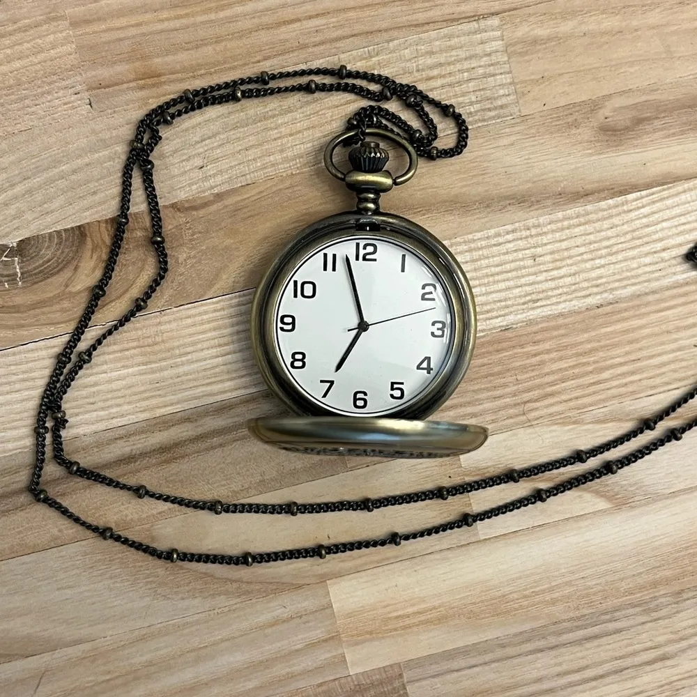 Brass Steampunk Filigree Pocket Watch and Link Chain Vintage Beautiful - Image 7