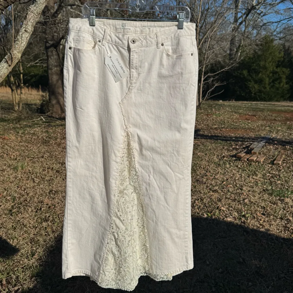 Liz Claiborne Women's Off White Denim Maxi Skirt Lace-inset Front Slip 12P - Image 3