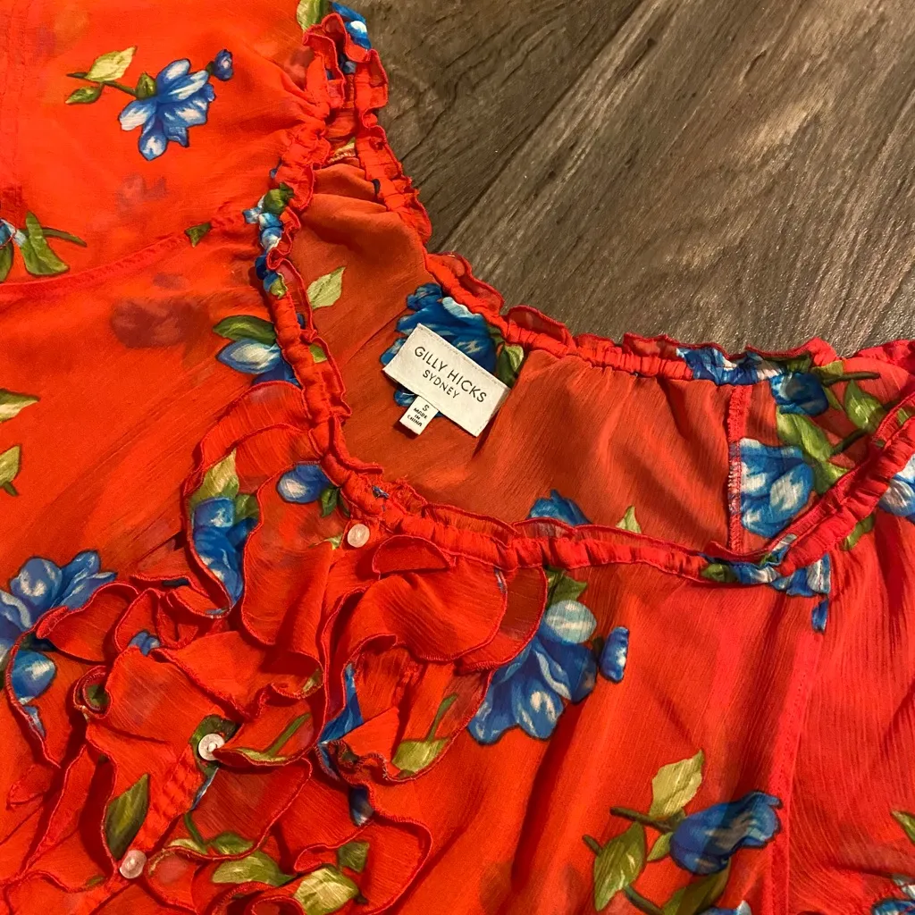 Bold Floral Ruffle Blouse | Gilly Hicks Sydney | Red Blue Floral Top | Sz S - Image 5