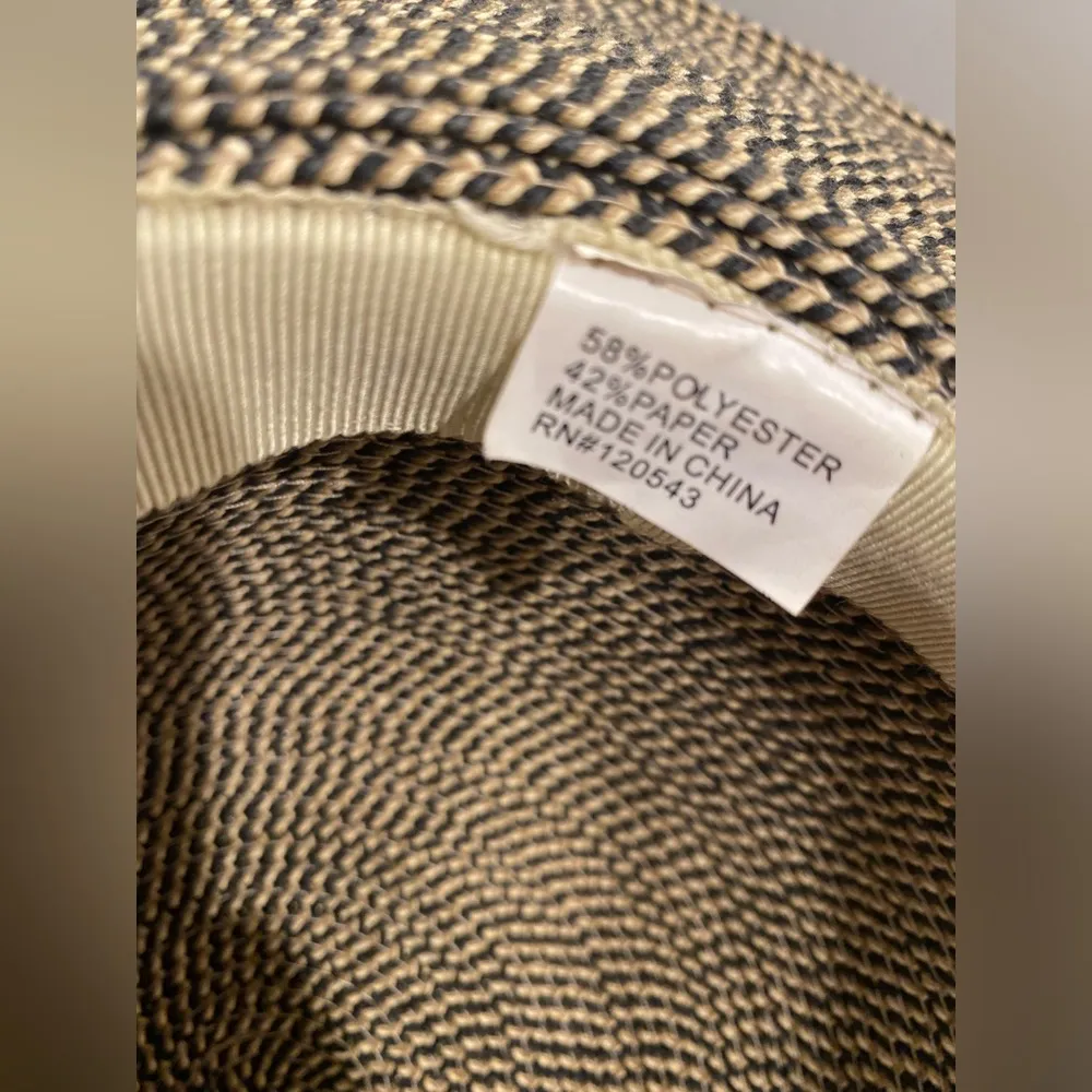 Tan & Black Straw Wide Brimmed Beach Adjustable Sun Hat - Image 5