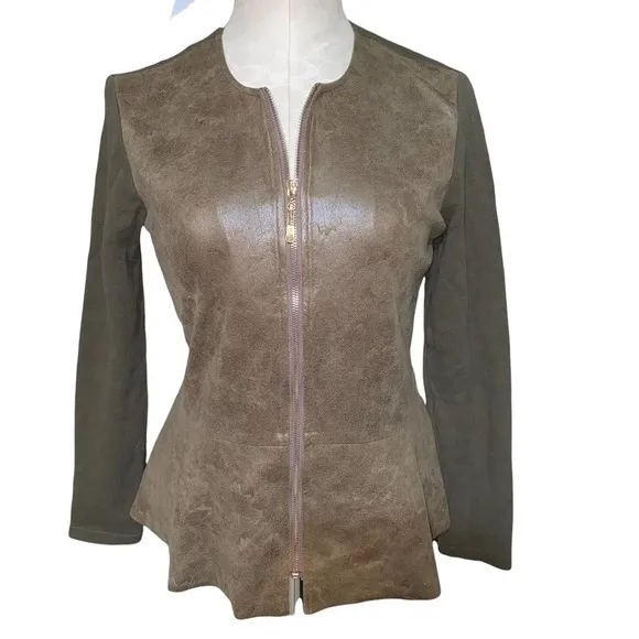 Joy Joy  Fitted Biker Moto Style Peplum Ruffle hem jacket faux leather front sz S - Image 18