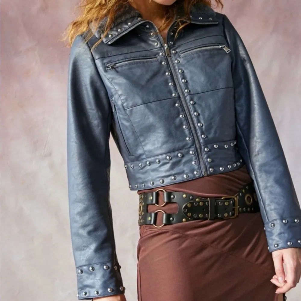 Urban Outfitters Silence + Noise Venus Studded Blue Faux Leather Jacket NWOT - Image 12