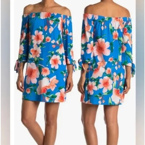 Vince Camuto Blue Floral Off Shoulder 3/4 Sleeves Dress Size:  12 (b45) - Image 2