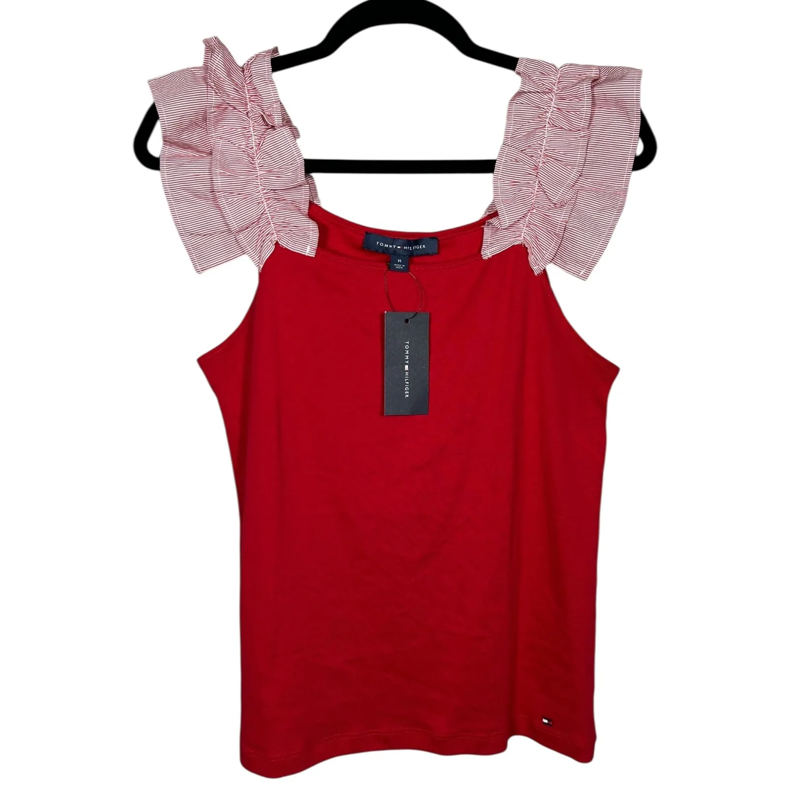 Tommy Hilfiger Red‎ Cotton Sleeveless Tank Top Ruffle Stripe Sleeves Size Medium - Image 2