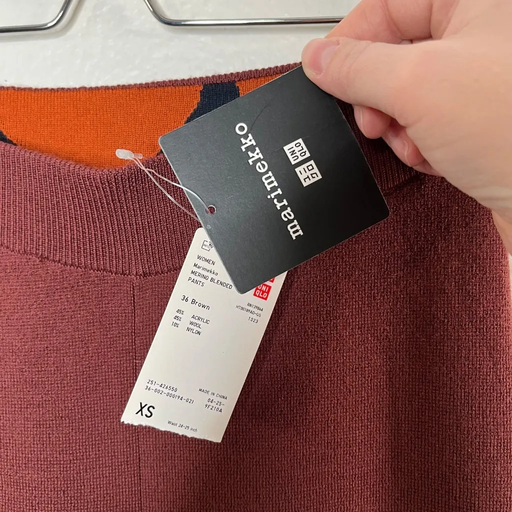 Marimekko X Uniqlo Womens Wool Blend Wide-Leg Knit Crop Pants XS Brick Red - Image 6