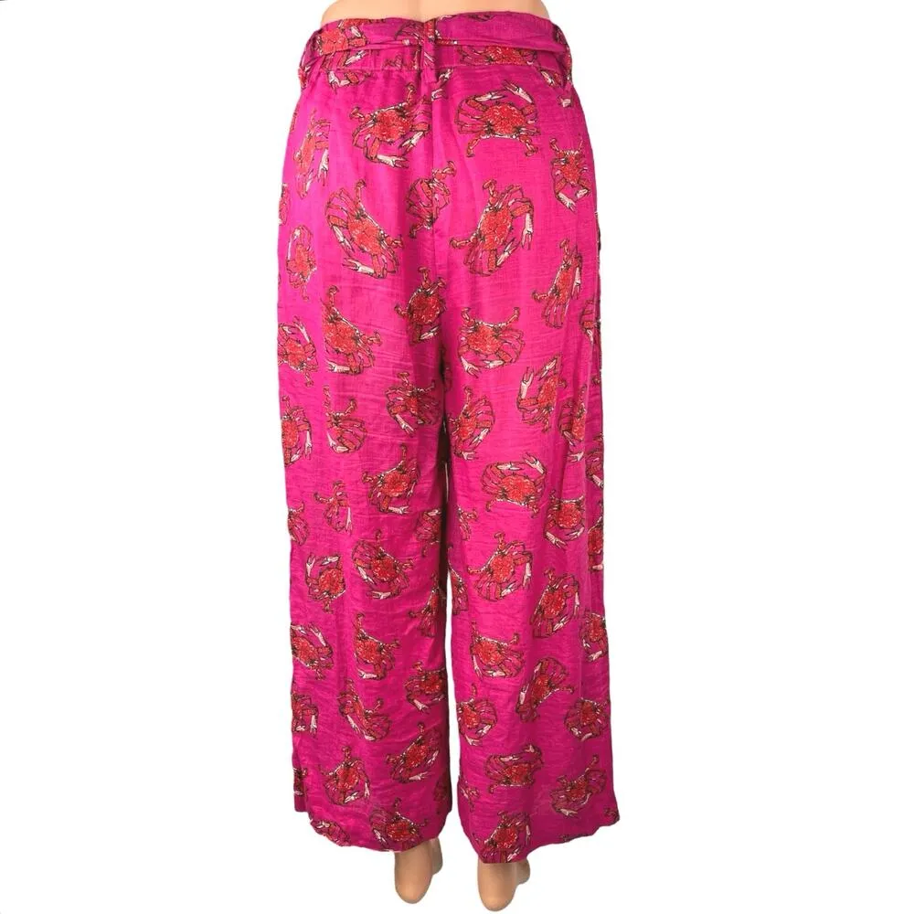 J.Crew Women's Pink 100% Linen Crab Print Wide Leg Tie Waist Trousers Pants Sz 2 - Image 3