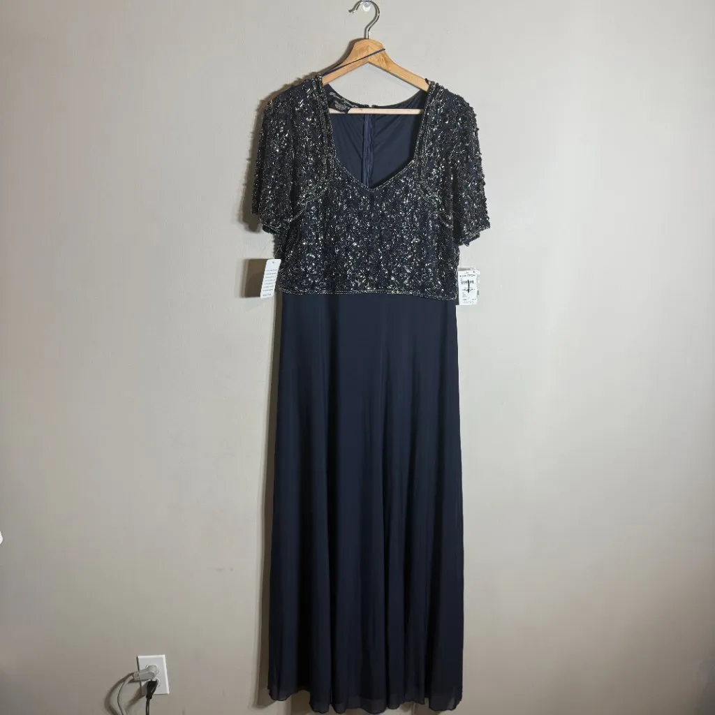 Pisarro Nights Beaded Bodice Chiffon Maxi Gown Womens 12 Blue Formal Wedding NWT - Image 3