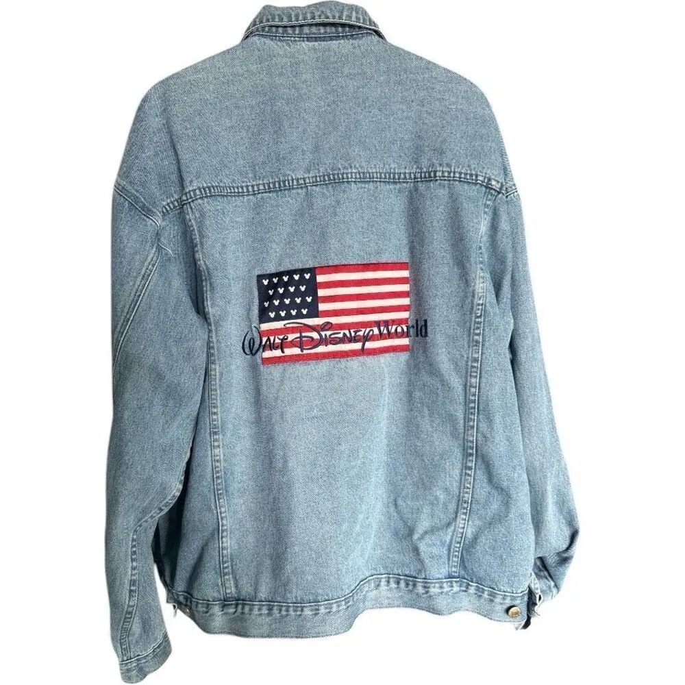 Womens Walt Disney World Vintage Y2K Retro Flag Patriotic Denim Jean Jacket XXL - Image 3