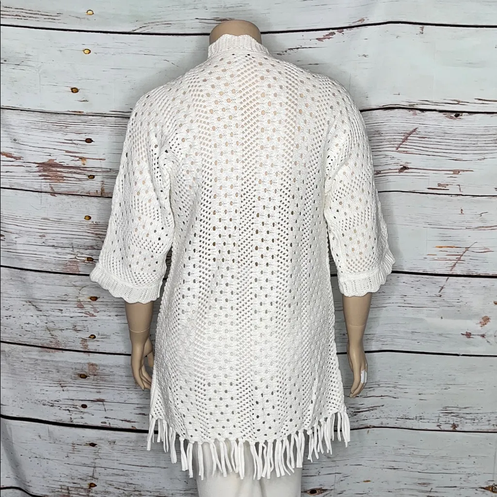 Isaac Mizrahi Live! NWT XL Off White Fringe Open Stitch Crochet Sweater Cardigan - Image 4