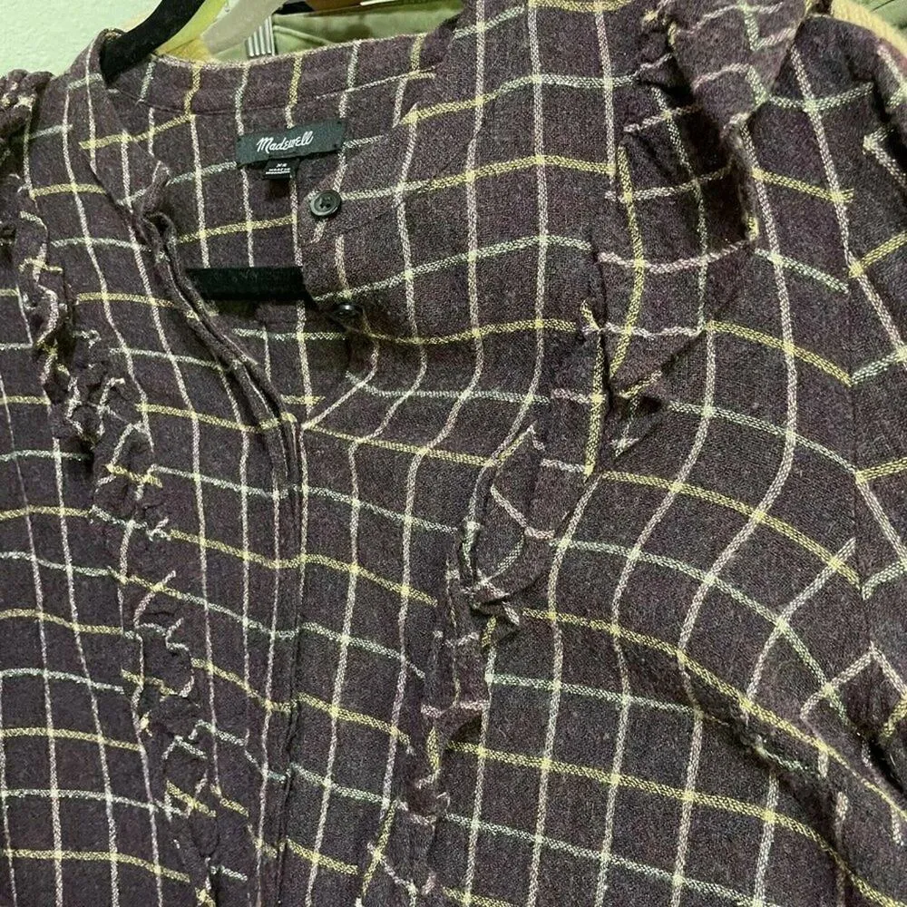 Madewell Purple Plaid Ruffled Button Down Shirt Womens XS Cottage Core Fall - Image 3