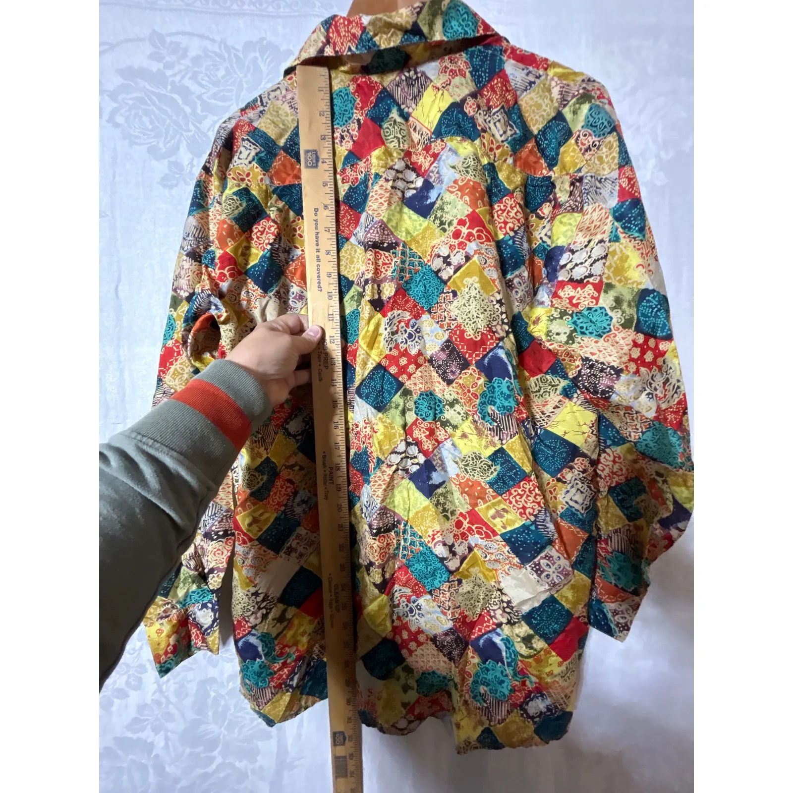 Robert Stock 100% Silk Button Up Small Colorful Geometric Floral Patchwork 90s Blue - Image 12