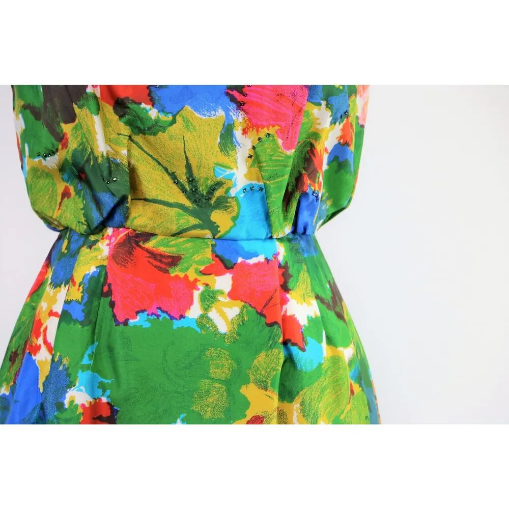 Vintage 1960s Primary Colored Floral Silk Dress Mardi Gras New York Small - Image 2