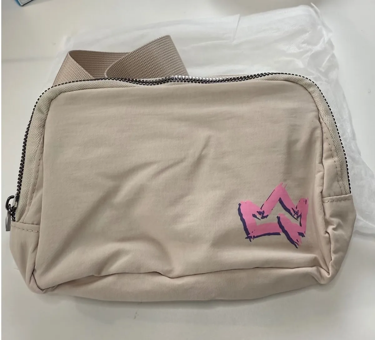 Light Beige Fanny Pack Belt Bag with Pink Crown Graphic Adjustable Strap Tan - Image 1
