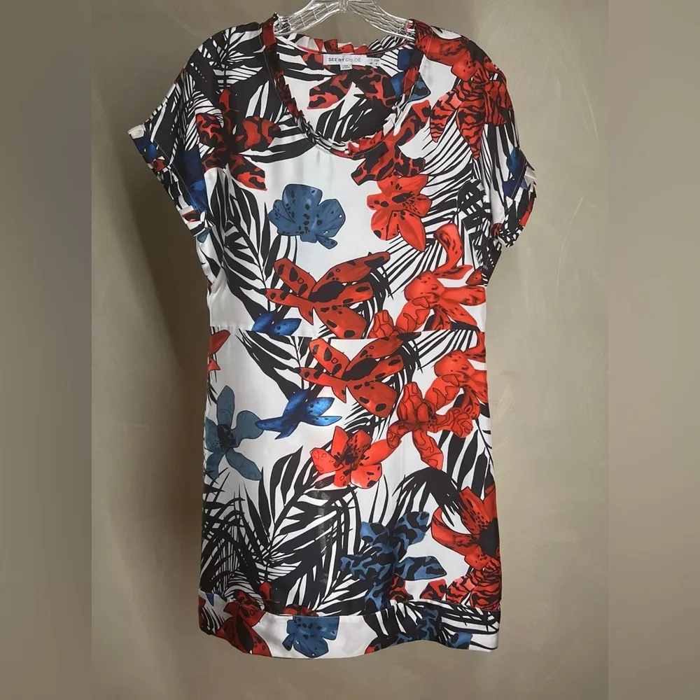 See by Chloé womens Ruffle Neck Short Sleeve 100% silk Floral Print dress|Size:4 - Image 3
