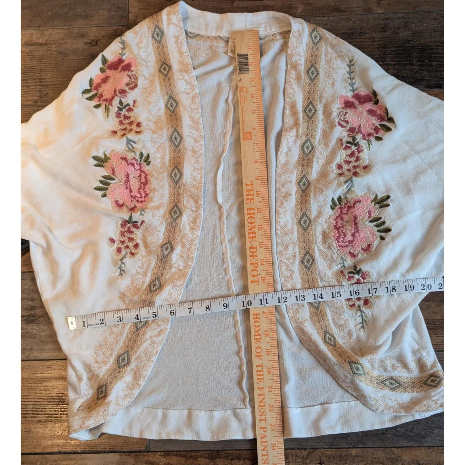 Paparazzi Ivory Embroidered Floral Geometric Kimono Cardigan L/XL Bohemian - Image 5