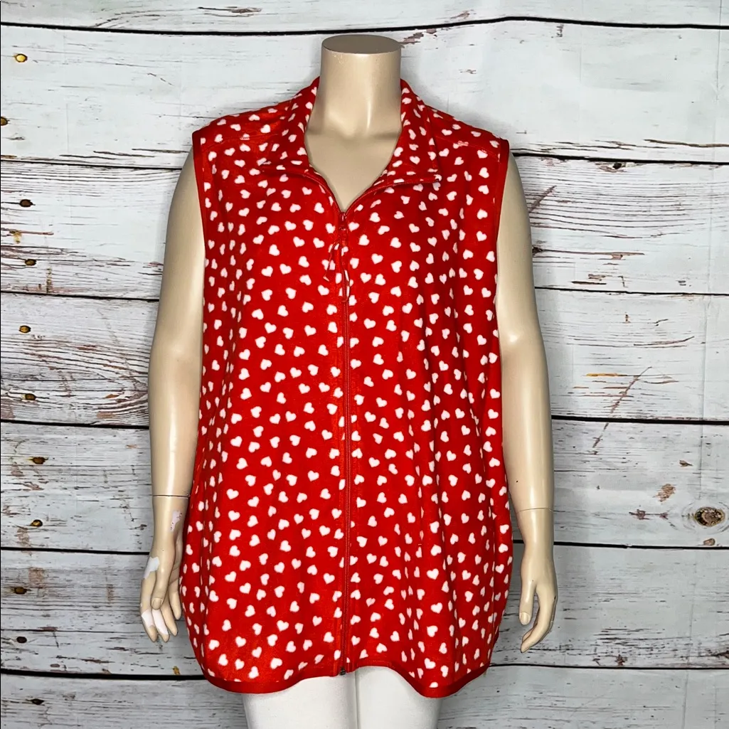 Woman Within Size 34/36 4X Red - White Heart Print Zip Front Fleece Vest Jacket - Image 2