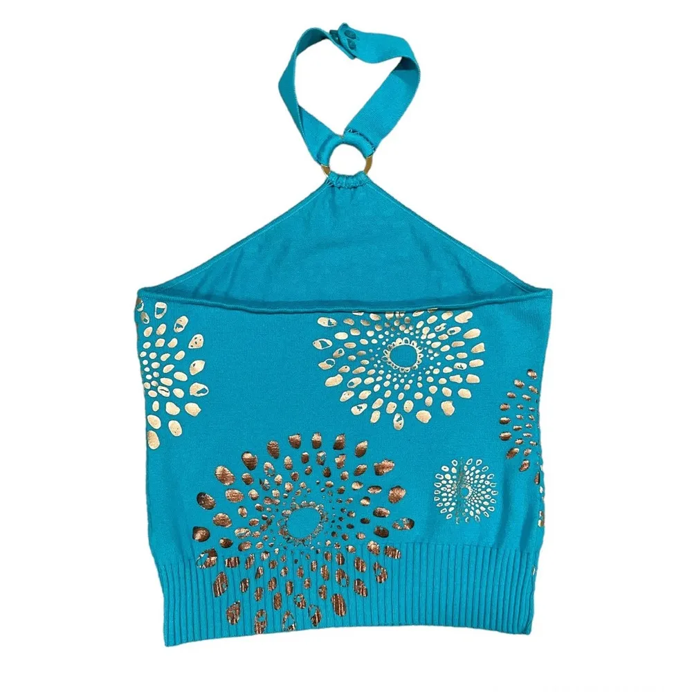 Y2K Halter Top Sz Medium Turquoise Metallic Printed Top Blue - Image 2