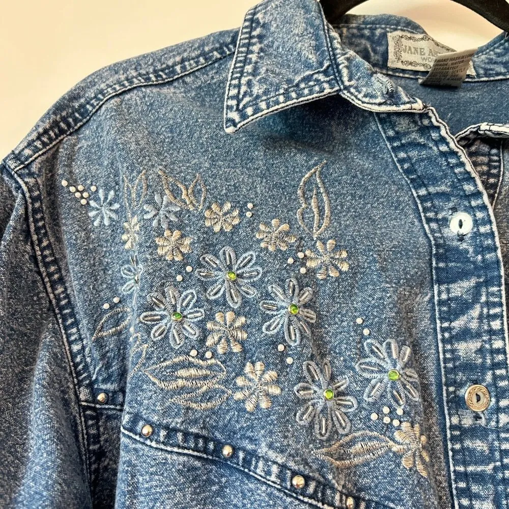 Jane Ashley Women's Vintage Style Floral Embroidered Denim Jacket Plus Size 1X - Image 3