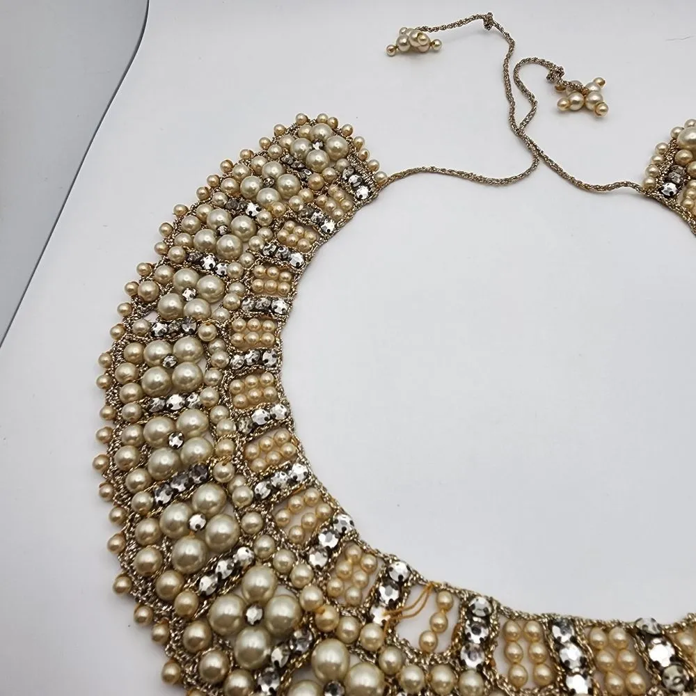 Vintage 1950s Faux Pearl & Rhinestone Collar Necklace White - Image 5