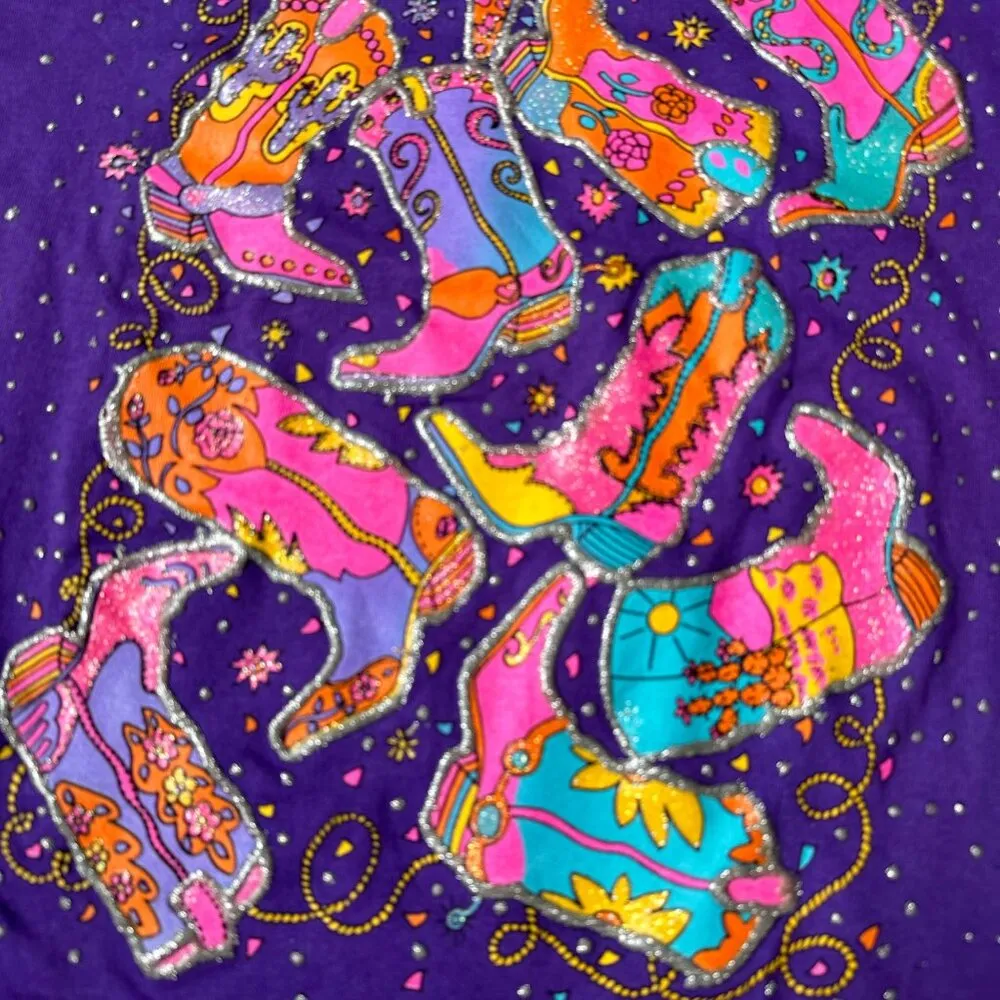 Vintage Purple Cowboy Boot Graphic Embellished T - Image 6