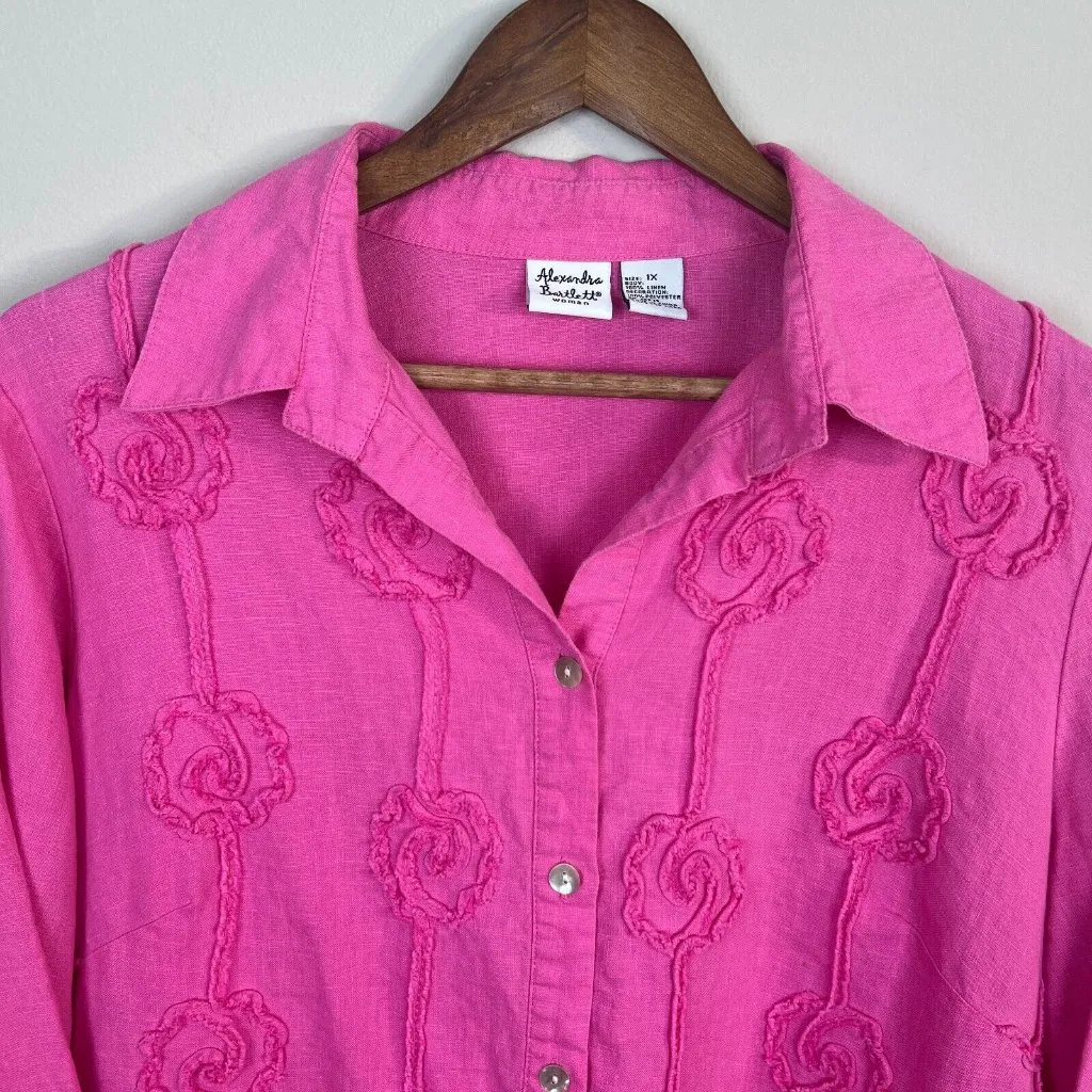 Alexandra Bartlett Button Up Shirt 1X Pink 100% Linen Flower Art To Wear Womens - Image 2