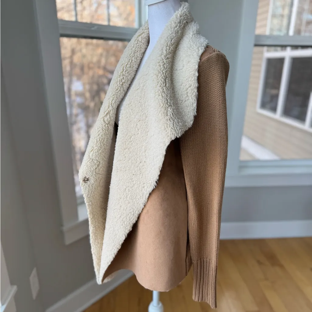 New York & Company Tan Ivory Faux Suede Sherpa Sweater Jacket Coat Size Medium - Image 12