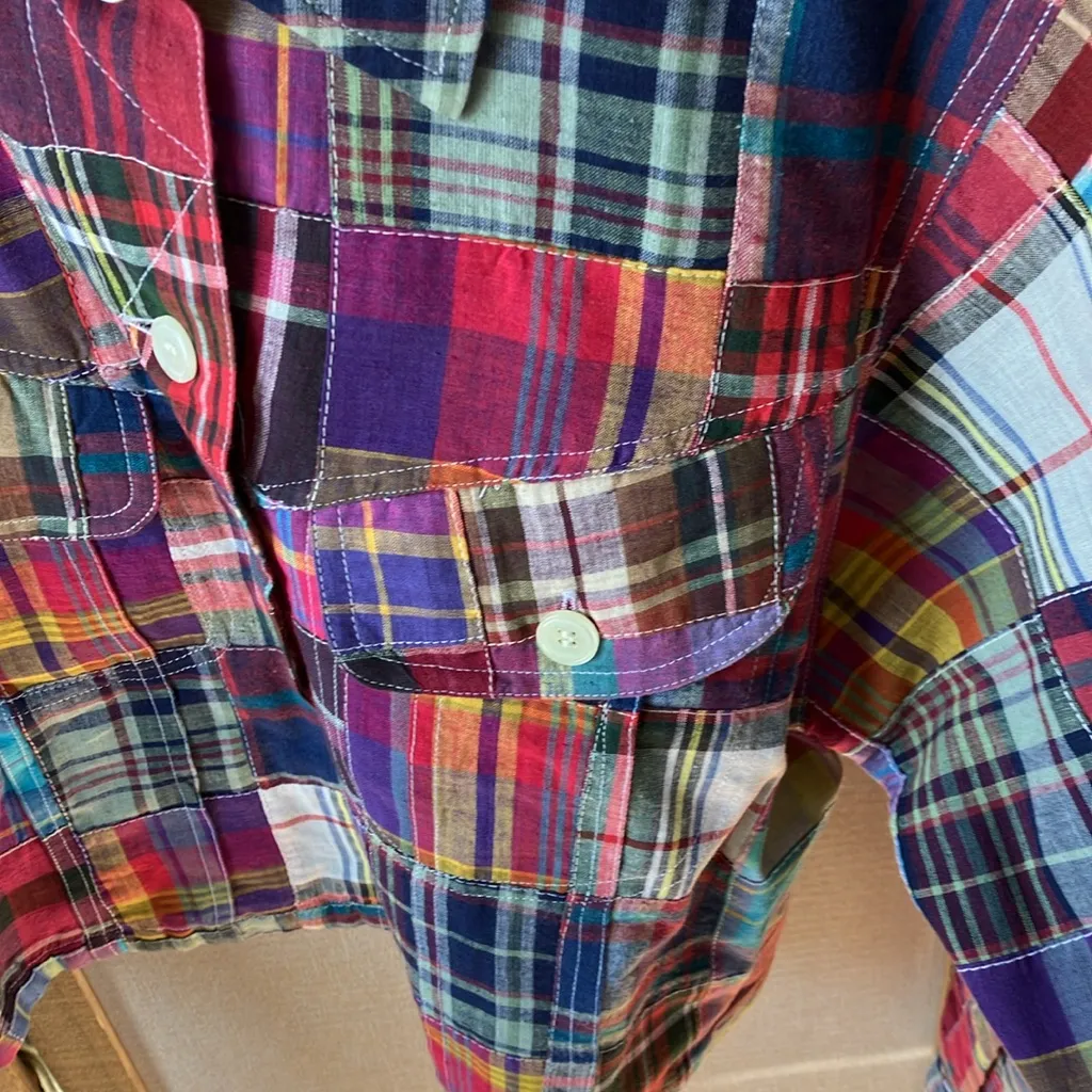 British Khaki Multicolor madras Plaid ladies trucker jacket small - Image 2