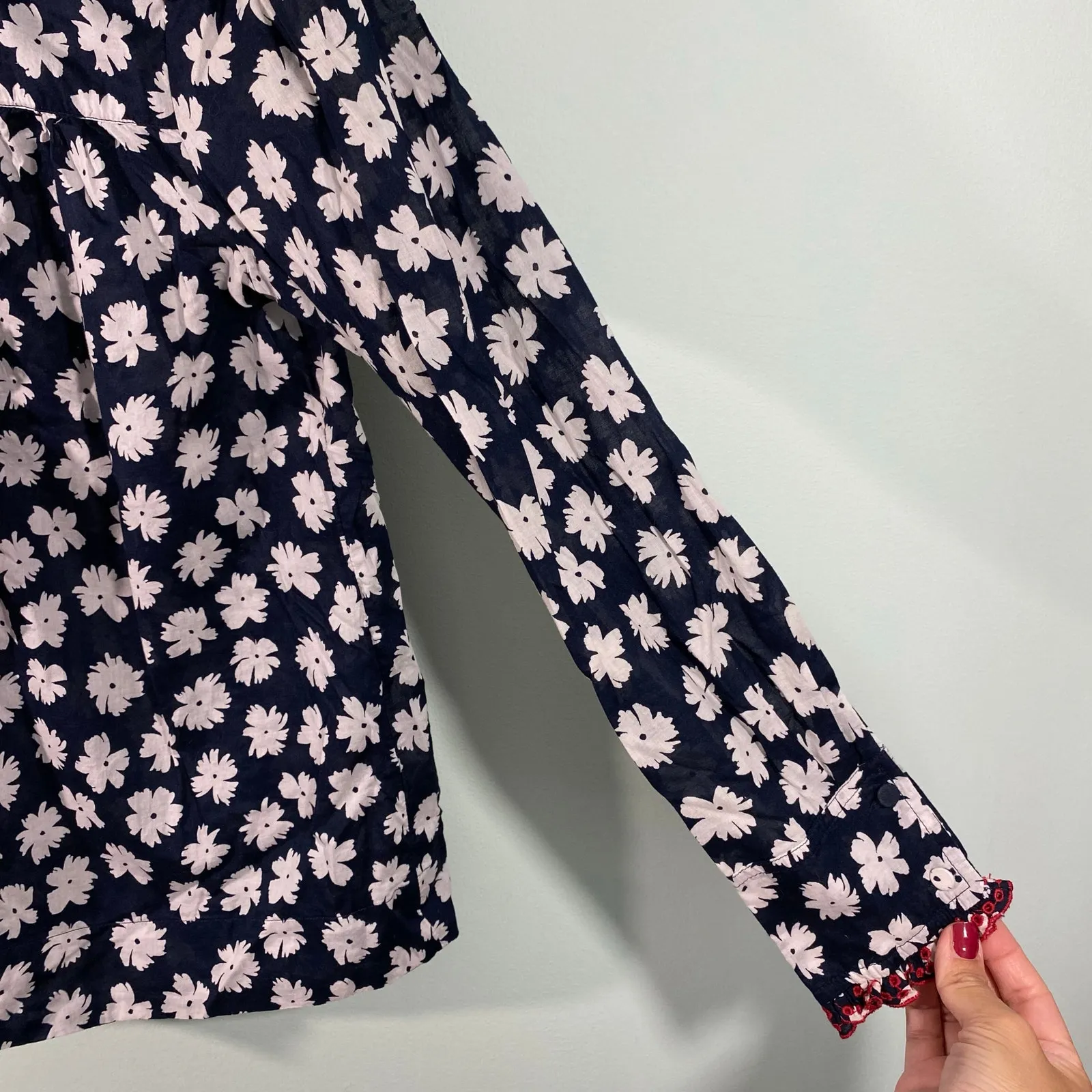 J Crew Women Navy & White Floral Ruffles Long Sleeve Blouse Size XS - Image 5