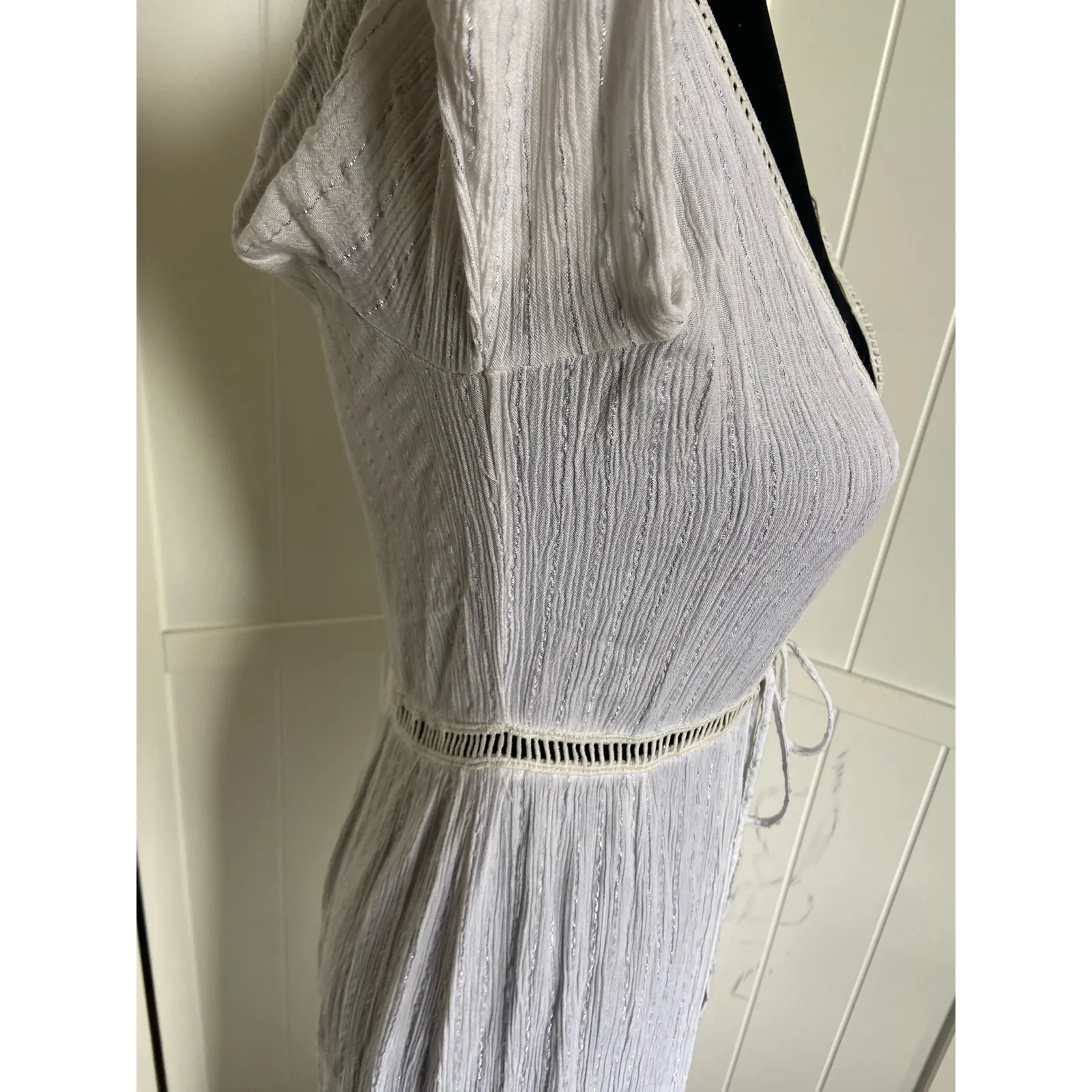 Bear Dance Womens Swim Coverup Sz M White Silver Trim Tie Front Longline Kimono - Image 11