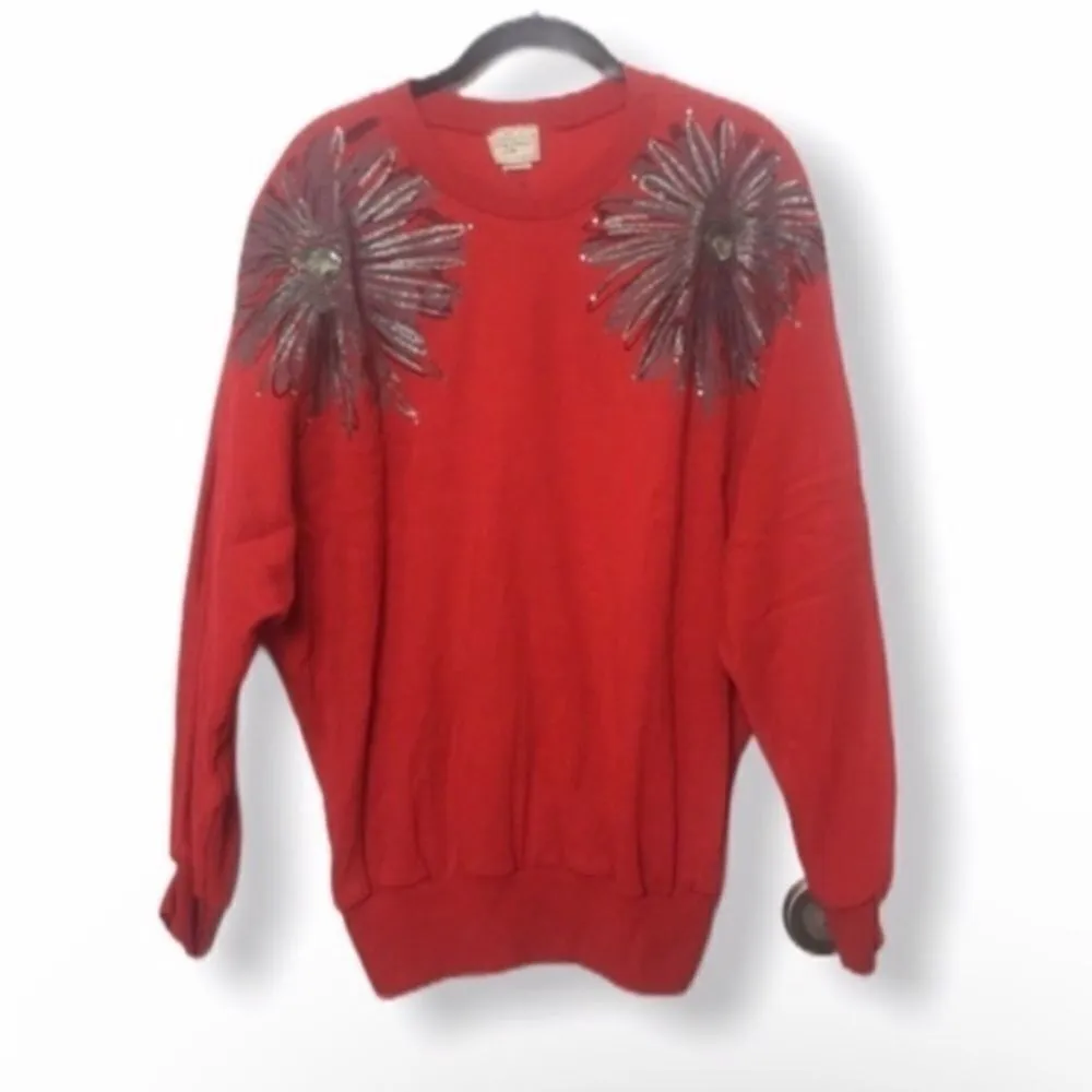 Suzy Phillips Vintage Red Embellished Sweater Size L Crewneck Pullover Size L - Image 2