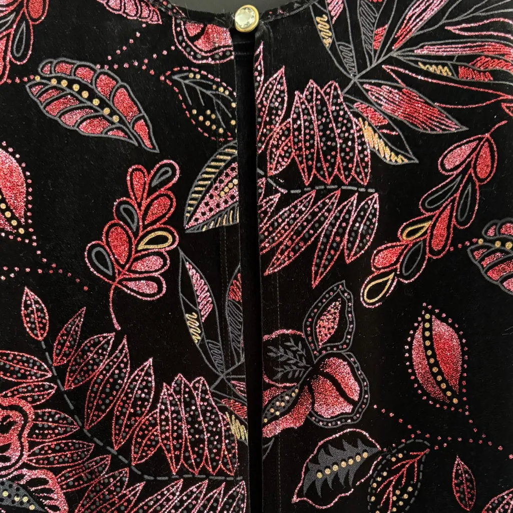 Black Velvet Floral Cardigan Stretch Knit Long Sleeve Dressy Layering Notations - Image 9