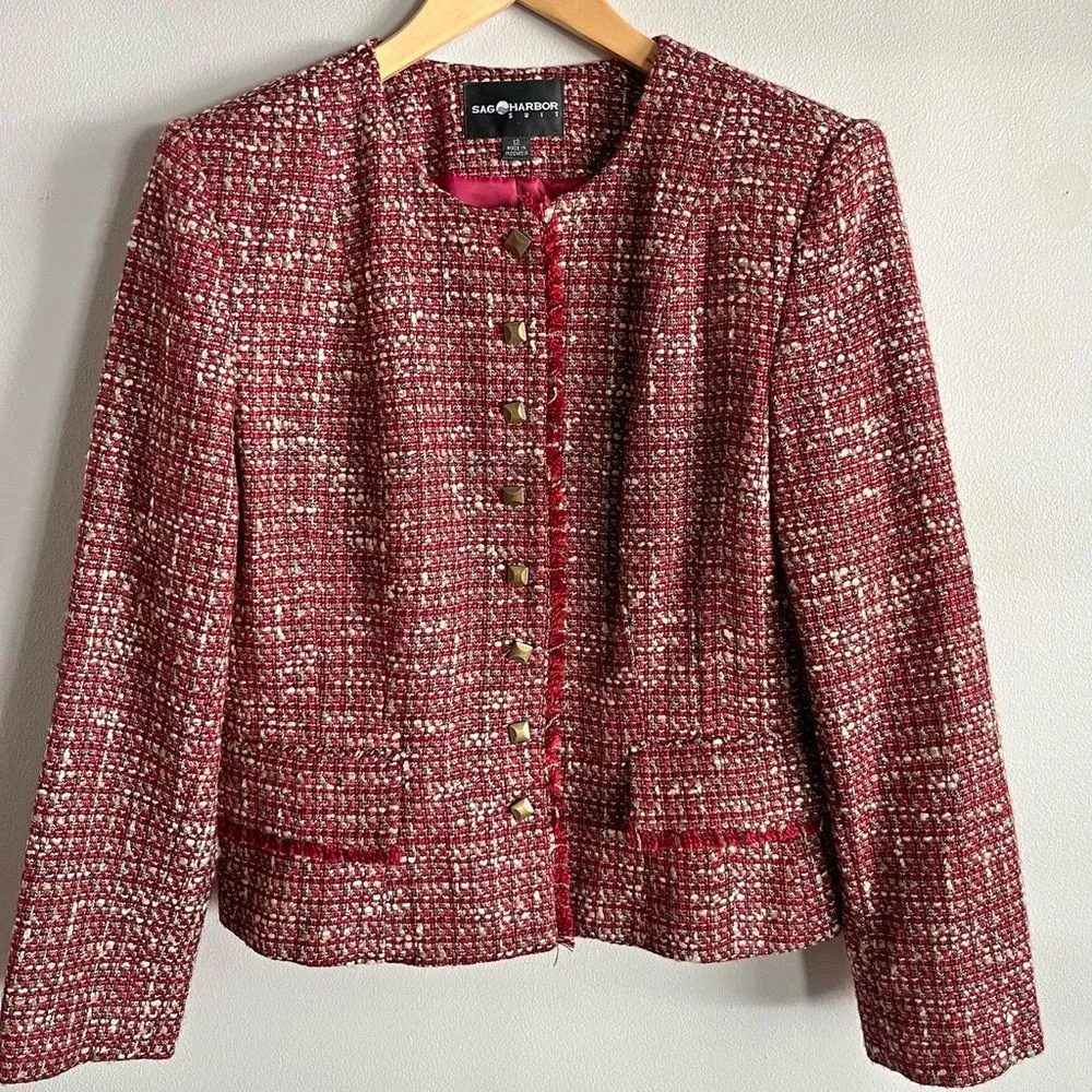 Sag Harbor Burgundy Tweed Jacket Blazer Gold Buttons Career Chic Size 12 Red - Image 2