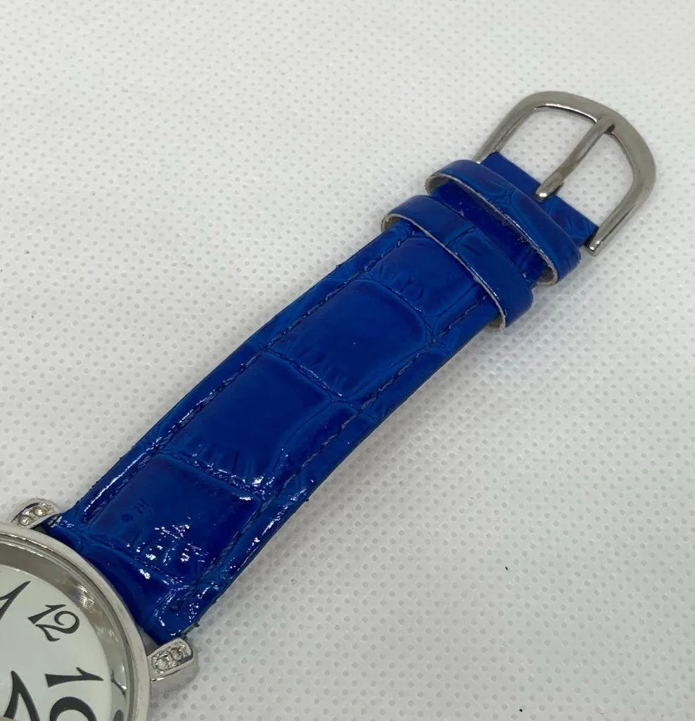 FMD women quartz analog watch silver tone 37mm round blue leather band running - Image 4