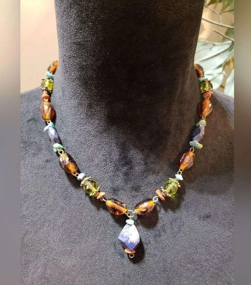 Womens Fashion Brass Tone Multi Color Art Glass Beaded Necklace w/ Lobster Clasp Green - Image 7