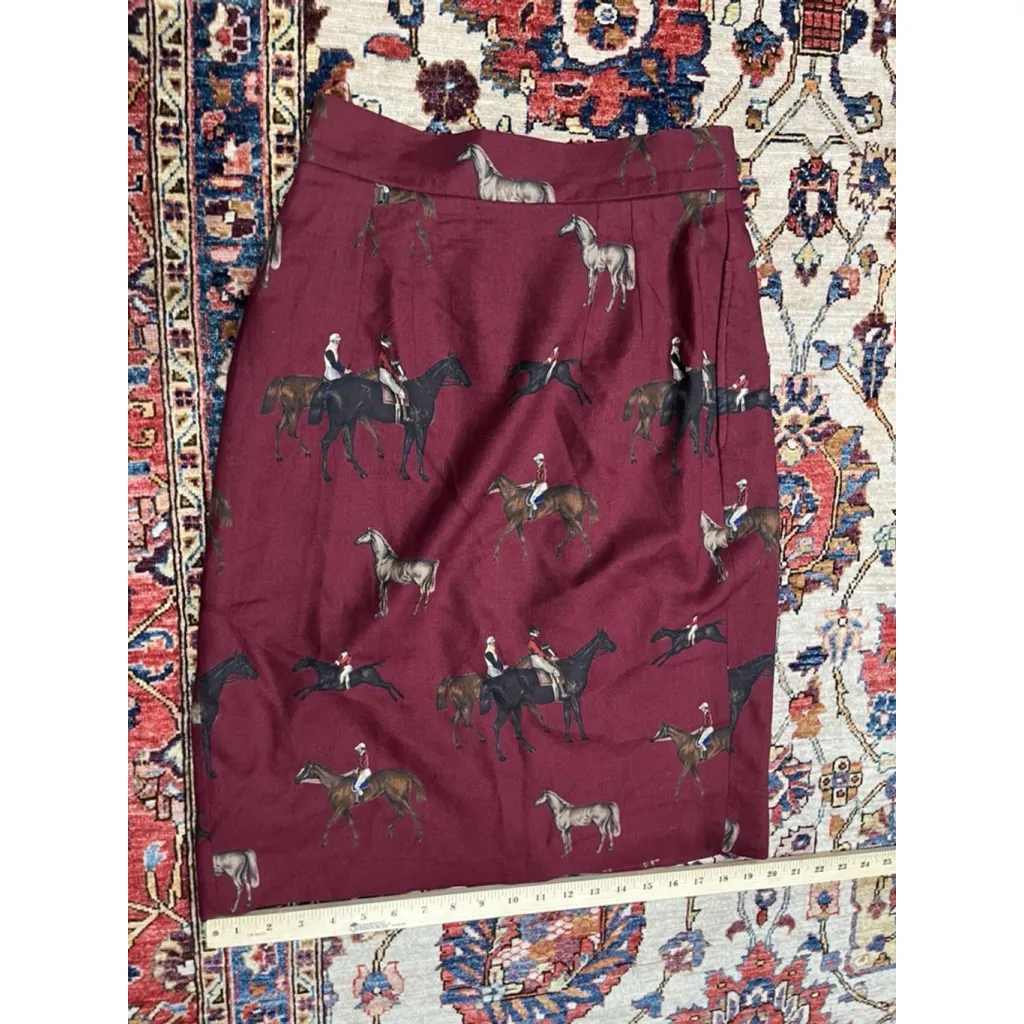 Pauw Amsterdam Burgundy Wool Silk Blend Skirt Horse Equestrian Hunt Print Size S Red - Image 7